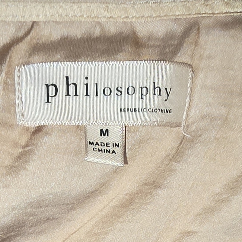Philosophy Peasant Blouse in Gold Satin V Neck With Tie - Picture 2 of 6